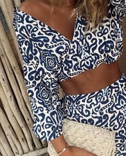 CAMICIA CROPPED STAMPATA ZARA BLU/BIANCA NUOVE TAGLIE XS S REF. 3666/103