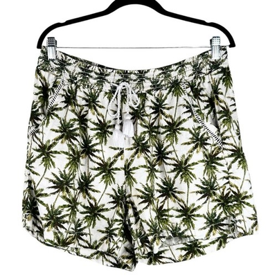 #ad Briggs White Green Linen Blend Tropical Palm Tree Drawstring Shorts Size Large $14.40