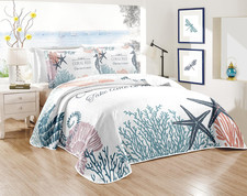 Nautical Queen Quilt Set, Coastal Bedding, 3 Piece, 90"X96"
