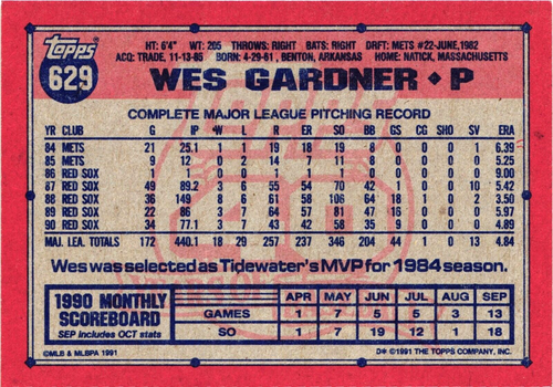 1991 - Topps -- WES GARDNER -- Card # 629 -- Boston Red Sox - Picture 2 of 2