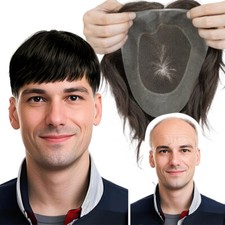 Mens Toupee 100 Human Hair Piece Poly PU/Mono/Lace Replacement System Hairpiece
