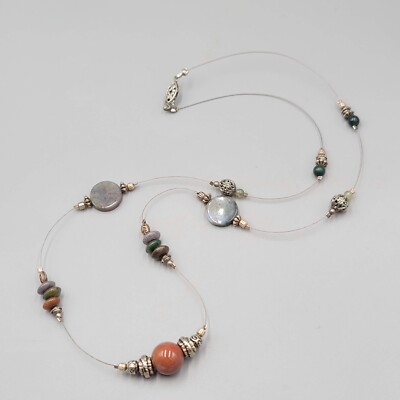 Station Artisan Necklace Multi Stone Bead Silver tone 30''