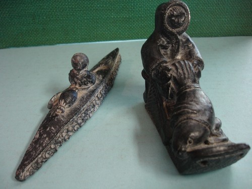 EDMUND WOLF JR Eskimo Inuit Sled w Fish Canoe Paddle Figurines SOAPSTONE CANADA