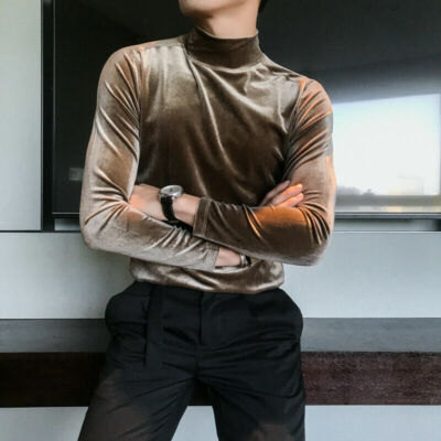 Men Velvet Shirt Top Blosue T-shirts Turtle Neck Pullover Casual Retro Shiny