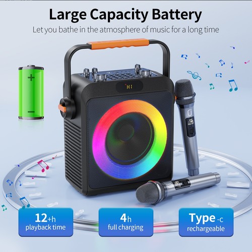 Karaoke Machine with 2 Microphones Party Bluetooth Speaker For Music Player Sing - Picture 10 of 18