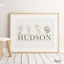 NURSERY BEDROOM CHILDREN'S WALL ART Baby Boy Woodland Animals personalised print