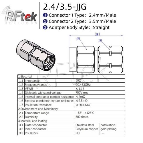 Precisión 2.4mm Macho a 3.5mm Macho 33GHz RF Adaptador Microondas Conector MMwave - Imagen 2 de 2