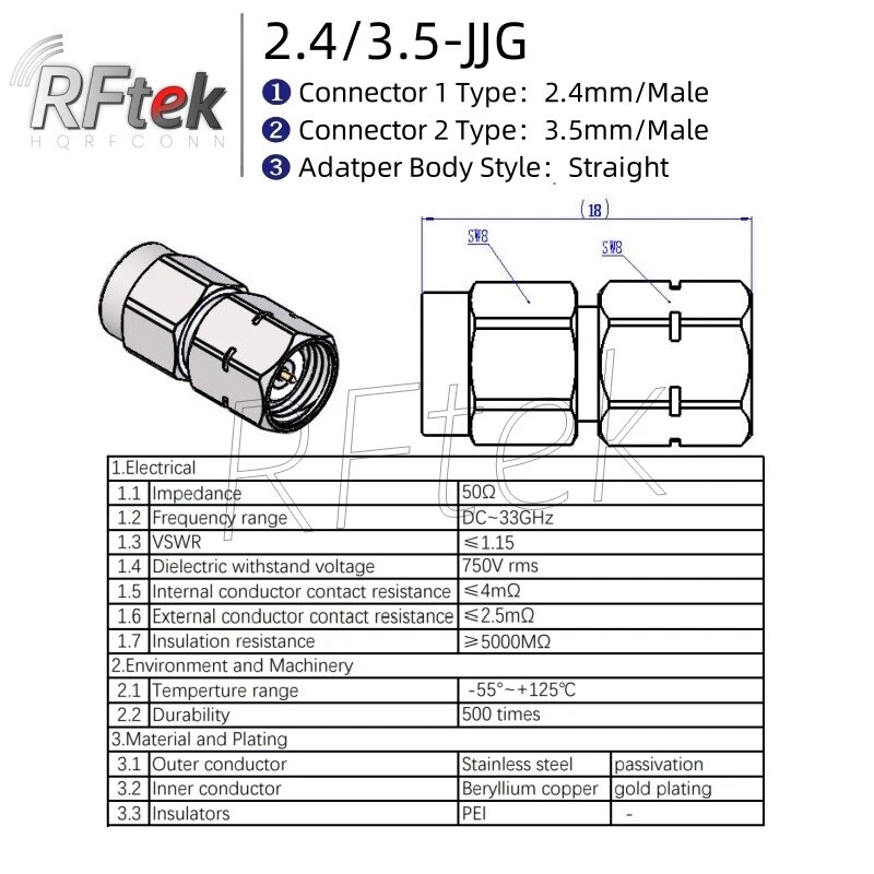 Adattatore RF da 2,4 mm a 3,5 mm maschio femmina DC-33 GHz MMwave connettore test di precisione - Immagine 3 di 4