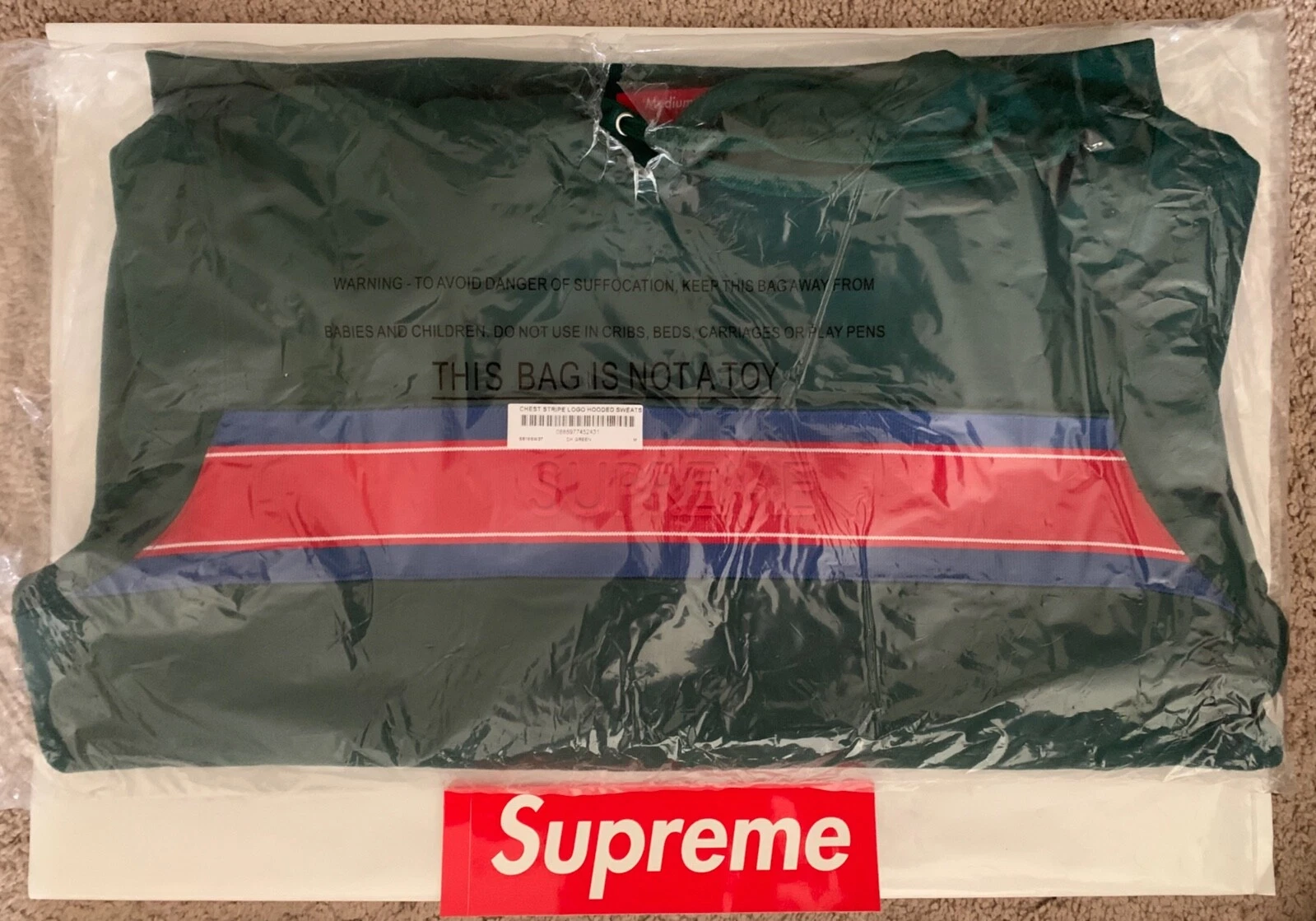 Sweat à capuche logo rayé poitrine Supreme   M Vert foncé SS19 NEUF avec étiquettes