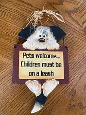 Wooden Dog Plaque Comical Sign with Attached Wire for Wall Hanging