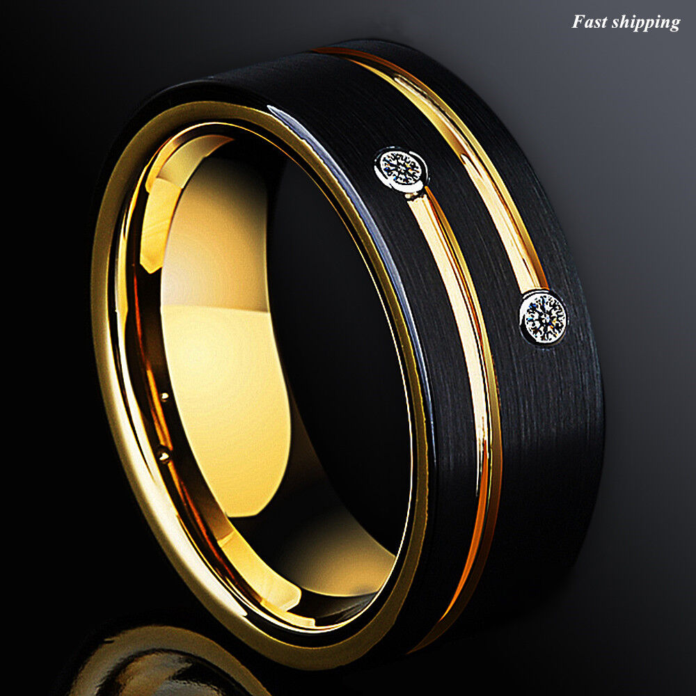 8mm Black Brushed Tungsten Ring Gold Grooved Line Diamond Atop Men