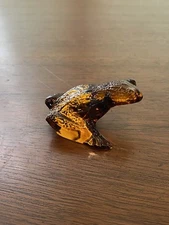 RARE STUNNING LALIQUE Crystal Smokey Amber Frog Figurine SIGNED 2.5"L FRANCE