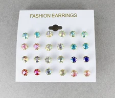 12 pair small crystal stud earrings round faceted post multi colors tiny 5mm