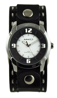 Nemesis Mens Black/White Embossed Watch + Double Stitched Leather Cuff Band
