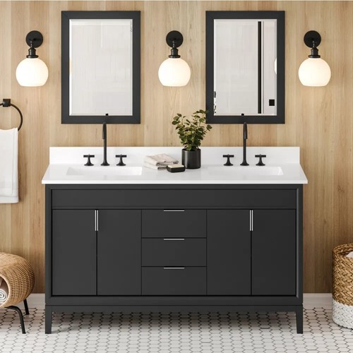 60" Theodora Black Double Bathroom Vanity With White Quartz Countertop ...