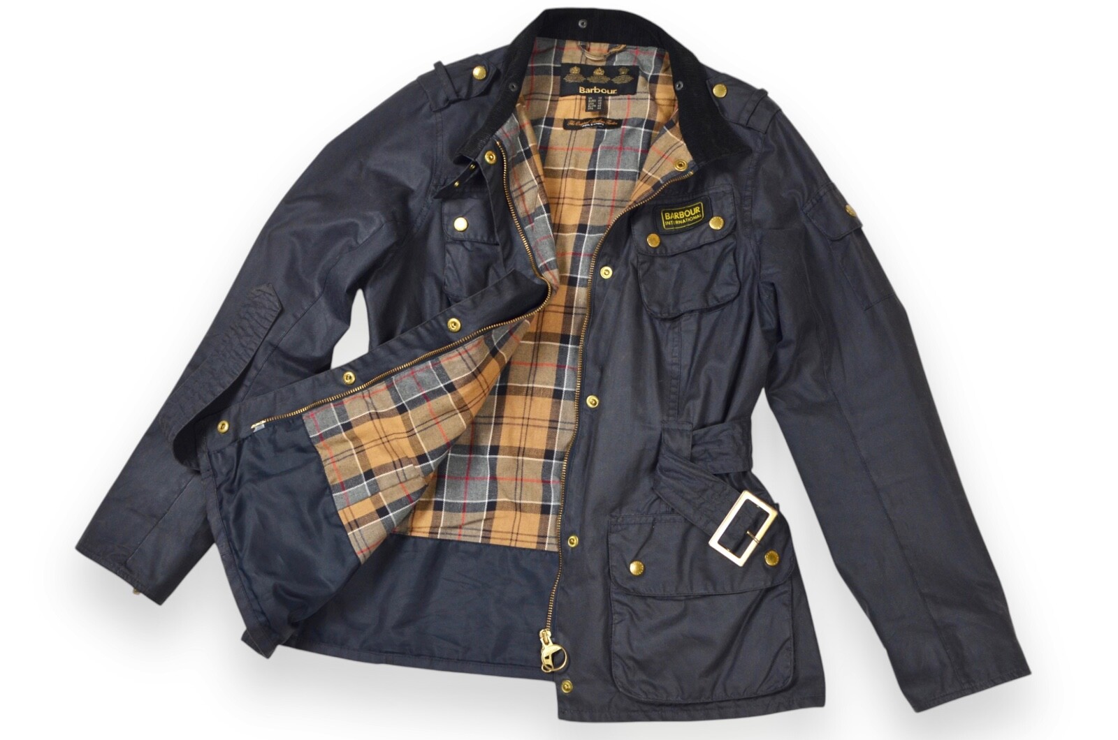 Women's Barbour International Wax Black Jacket Belted Classic England Size 14