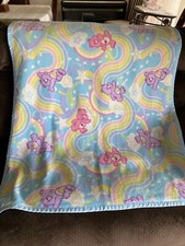 VINTAGE CARE BEARS RAINBOW W/ SATIN TRIM EDGE CRIB BLANKET - 37 x 42" SQUARE