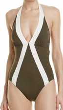 VINCE CAMUTO Sun Block Colorblock Plunge Halter One-Piece Swimsuit 12 Bonsai