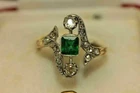 Vintage Art Deco Emerald Lab Created Emerald 14K Gold Finish Engagement Ring