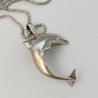 Dolphin Pendant Necklace Vintage Large Silver 925 Men's Women's 18