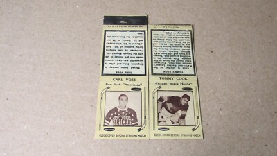 2 Vintage NHL Hockey Diamond Matchbook Covers Carl Voss & Tommy Cook 1930s