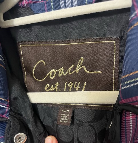 Coach Quilted Navy Blue & Purple Plaid Print Long Sleeve Snap Front Jacket Sz XS - Picture 5 of 13