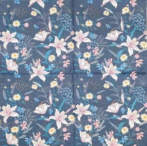 Q855# 3x Servilletas de Papel Individuales para Decoupage Flor de Lirio Blanco Patrón Azul Oscuro - Imagen 2 de 8