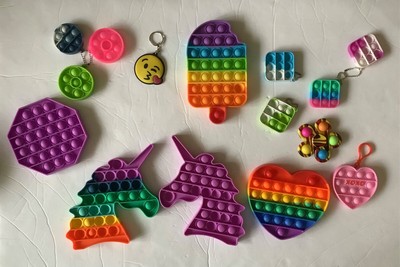 Pop it Fidgit toys Rainbow Spinner Addtioanl Emoji Key Chain Lot