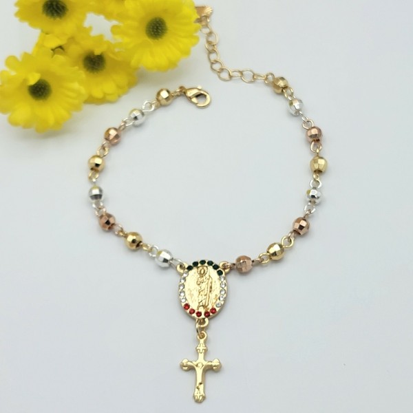 Alternate view of Tri Color Gold Plated Saint Jude With Crucifix Bracelet. San Judas Oro Laminado