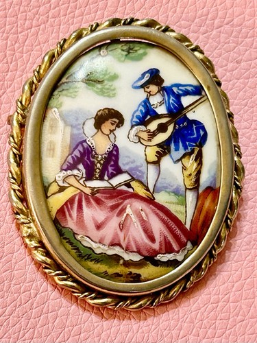 Limoges porcelain brooch Pin  courting scene signed Limoges France