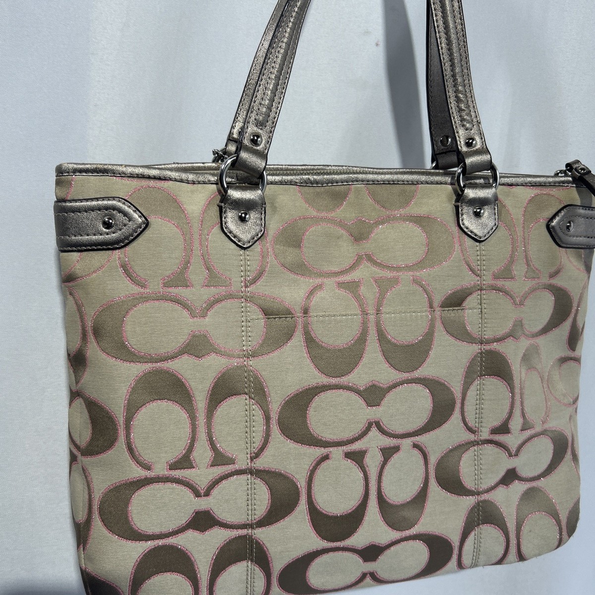 Coach Daisy Outline Signature Metallic Pink Beige Emma Tote 
