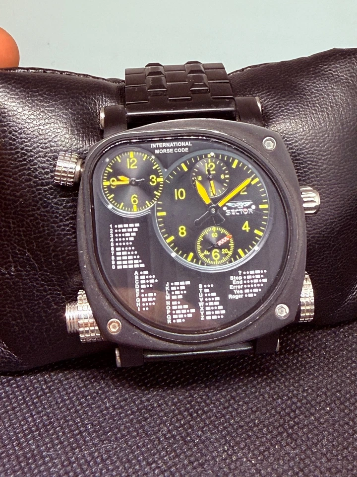 СЕКТОР МЕЖДУНАРОДНЫЙ АЗБУКА МОРЗЕ ДВОЙНОЙ ВРЕМЯ БОЛЬШОЙ РАЗМЕР ВОЕННЫЕ ЧАСЫ МУЖСКИЕ - Изображение 3 из 4