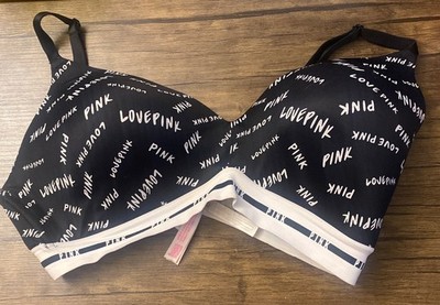 Pink by VS Wear Everywhere Wireless Bra size 38DD Black White Logo Lightly Lined