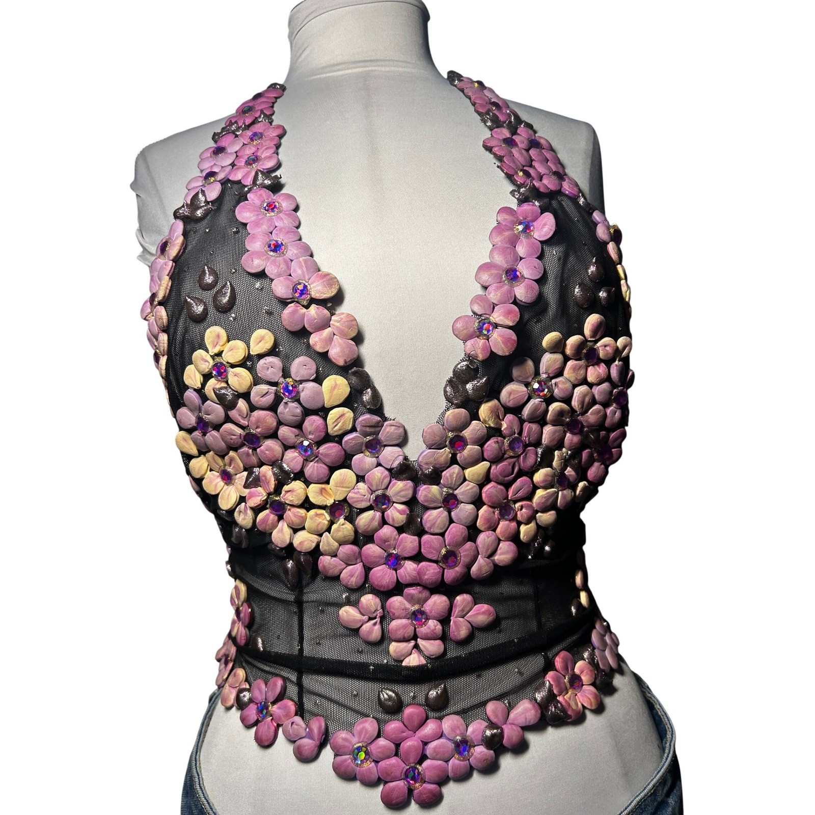 RARE Ema Savahl Hand Painted 3D Floral Halter Tie Back Top Black Mesh Appliqué