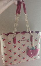 Betsey Johnson Cherry Embroidered Tote Bag, Red Handles, Bag Charm