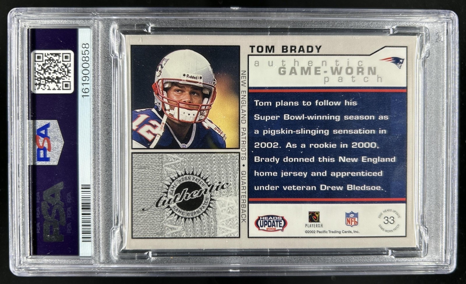 2002 Pacific Heads Update Tom Brady Game Worn Gold #/25 Patriots PSA 7 view 2
