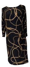 Lauren Ralph Lauren Black Gold Logo Chain Dress Side Ruched Lined Classic Career