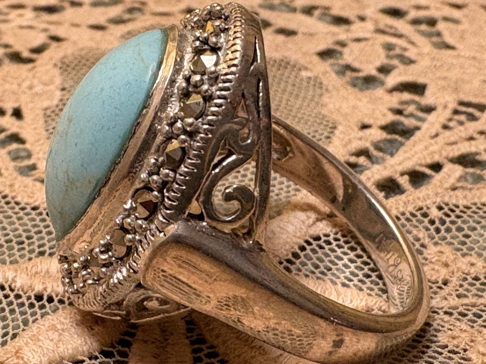 Solid Sterling Silver Natural Turquoise Marcasite… - image 6