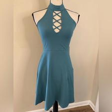 Express teal sleeveless mini dress strappy open chest SZ XS