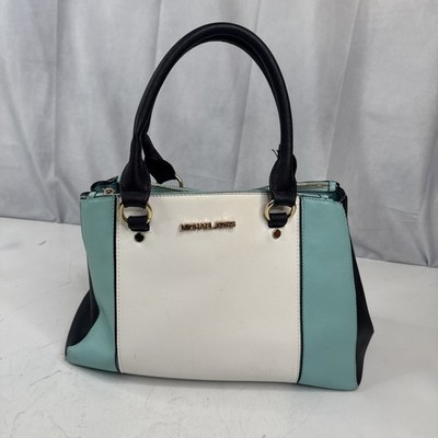 Michael Kors Sutton Center Stripe Handbag Bag Purse Teal & White 14''x10''x6''