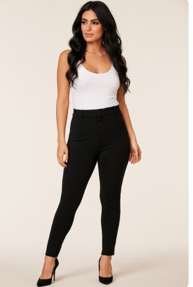 Indies Pantalon Trousers NWT Black Button Front Pants Retail $199 Womens Size 42