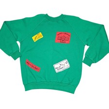VTG 80s Green Raglan Sweatshirt Ireland Patches Donegal Galway Bay Dublin Sz M
