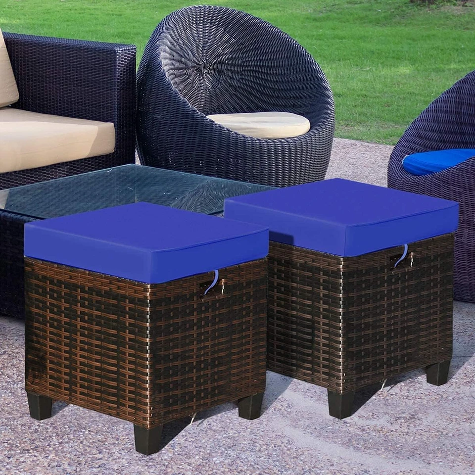 2-Piece Rattan Patio Ottoman, All Weather Wicker Ottoman W/Removable Cushion & S - Image 2 of 4