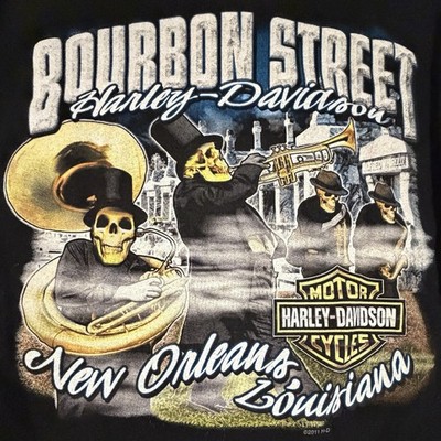 Harley Davidson T Shirt XXL New Orleans Bourbon Street Black 2011 2 Sided Skulls
