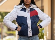NWT Tommy Hilfiger Girls 7/16 Puffer Jacket Faux Fur Hood Colorblock Coat