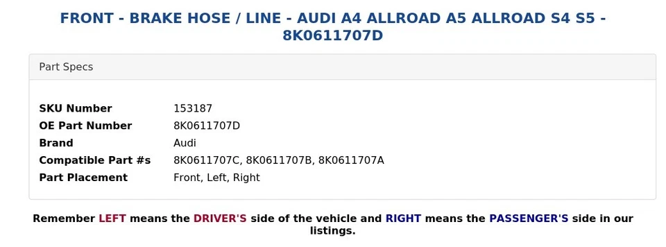 DELANTERO - MANGUERA DE FRENO / LÍNEA - AUDI A4 ALLROAD A5 ALLROAD S4 S5 - 8K0611707D Foto 4 de 4