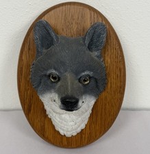 Gray Wolf Head Sculpture 3D Mounted On Wood S...
