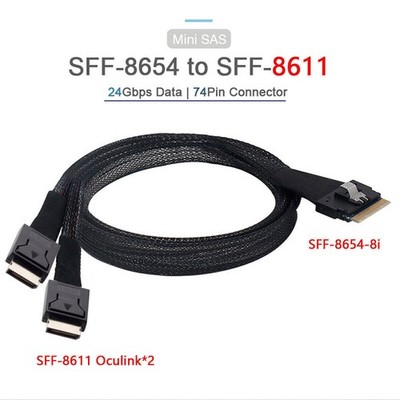 SlimSAS 8i SFF-8654 to 2x OCuLink 4i SFF-8611 Cable 1.0M USK