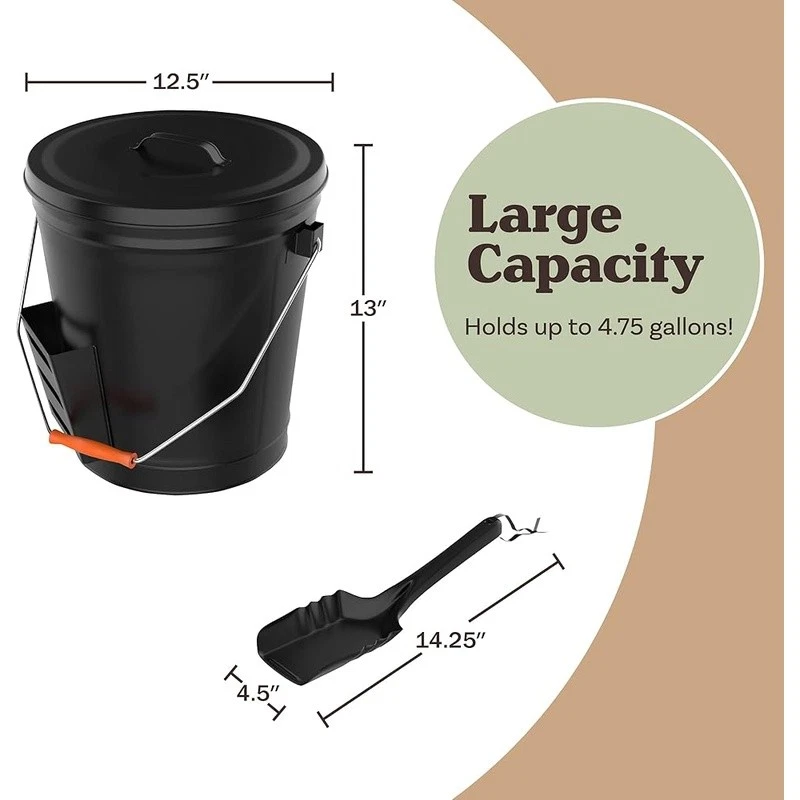Cubo de cenizas para chimenea de metal con tapa y pala mango resistente al calor almacenamiento seguro Foto 4 de 4