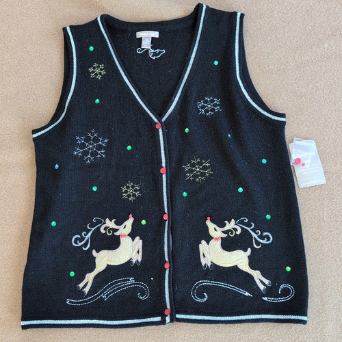 White Stag Ugly Christmas Sweater Black Vest Reindeer Snowflakes Sequins L NWT - Picture 1 of 3